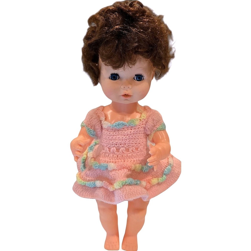 60s/70s VTG Eegee Co. 14" Softina Baby Doll Drink & Wet Sleep Eyes Crochet Dress